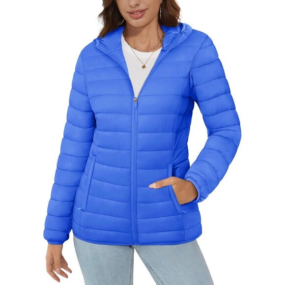Women's Hooded Puffer Jacket Lightweight Quilted Padded Coat 4 Pockets Zip-up Wi